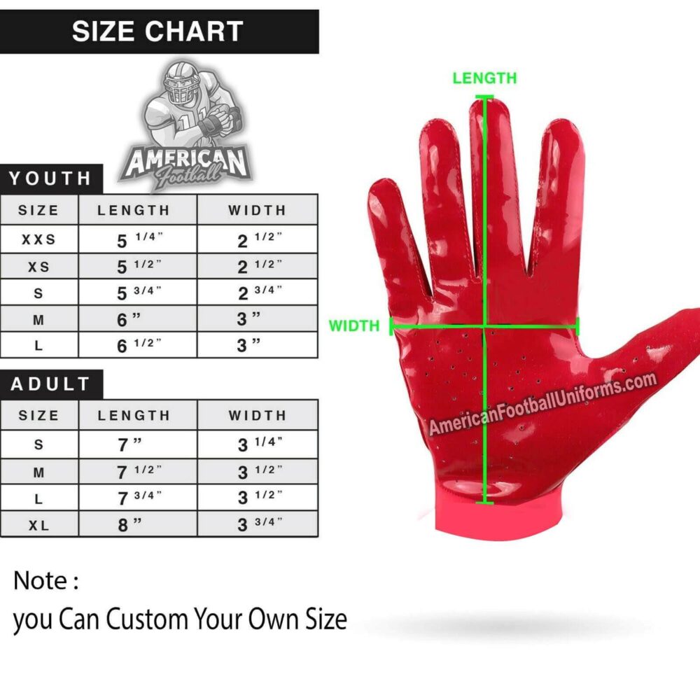 Official size chart for American Football Uniforms custom gloves showing measurements for adult and youth hand lengths.