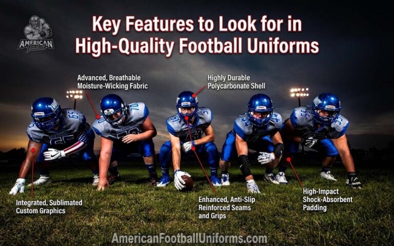High-quality American Football Uniforms featuring reinforced stitching, 4-way stretch fabric, and ventilated mesh panels.