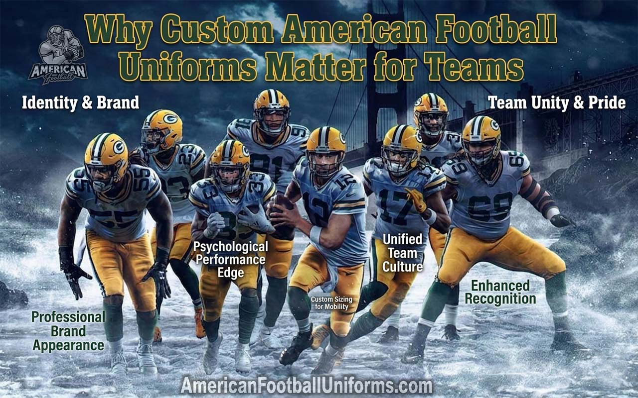 A unified team wearing custom American Football Uniforms featuring unique branding, color schemes, and professional numbering.