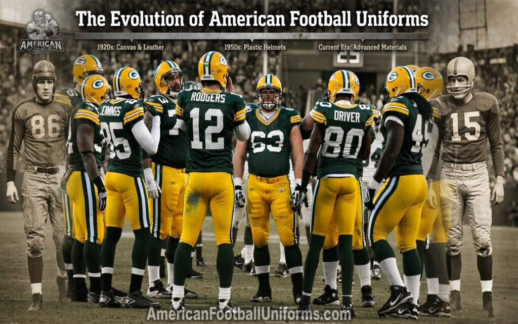 Timeline visual of American Football Uniforms evolution from heavy cotton jerseys to modern, lightweight 4-way stretch fabrics.