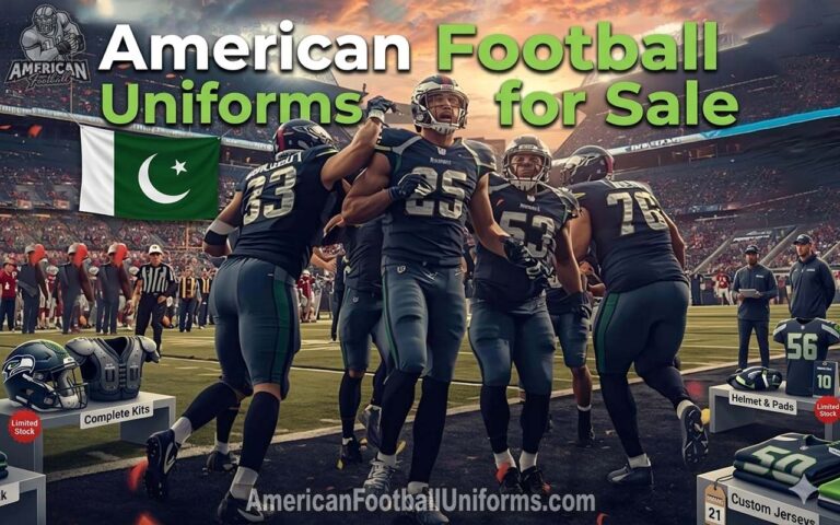 Full-set American football uniforms for sale, featuring moisture-wicking jerseys and integrated Lycra pants for professional teams.