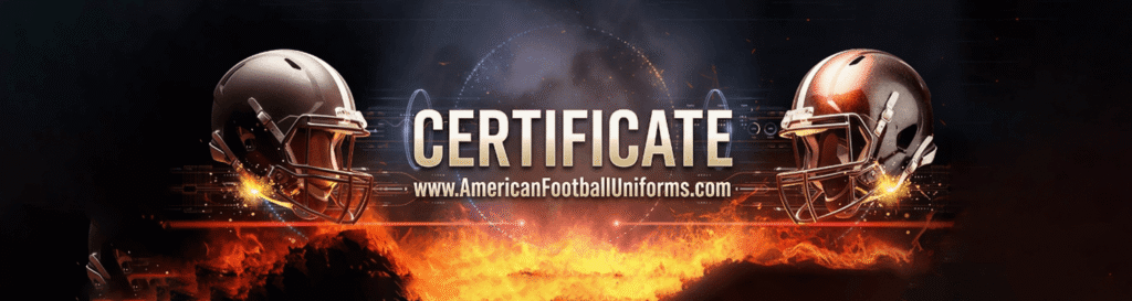 Official quality certification for American football uniform manufacturing at MimiSports factory in Sialkot, Pakistan.