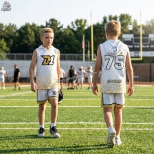 2026 MimiSports custom 7v7 hooded football jersey gear with sleeveless performance cut, moisture-wicking fabric, and full-color team sublimation.