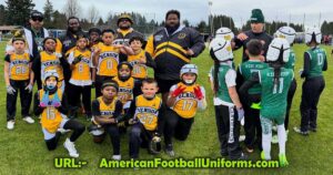 Custom 7v7 football uniform set featuring moisture-wicking compression jersey and matching padded shorts in a sleek navy and gold sublimated design.