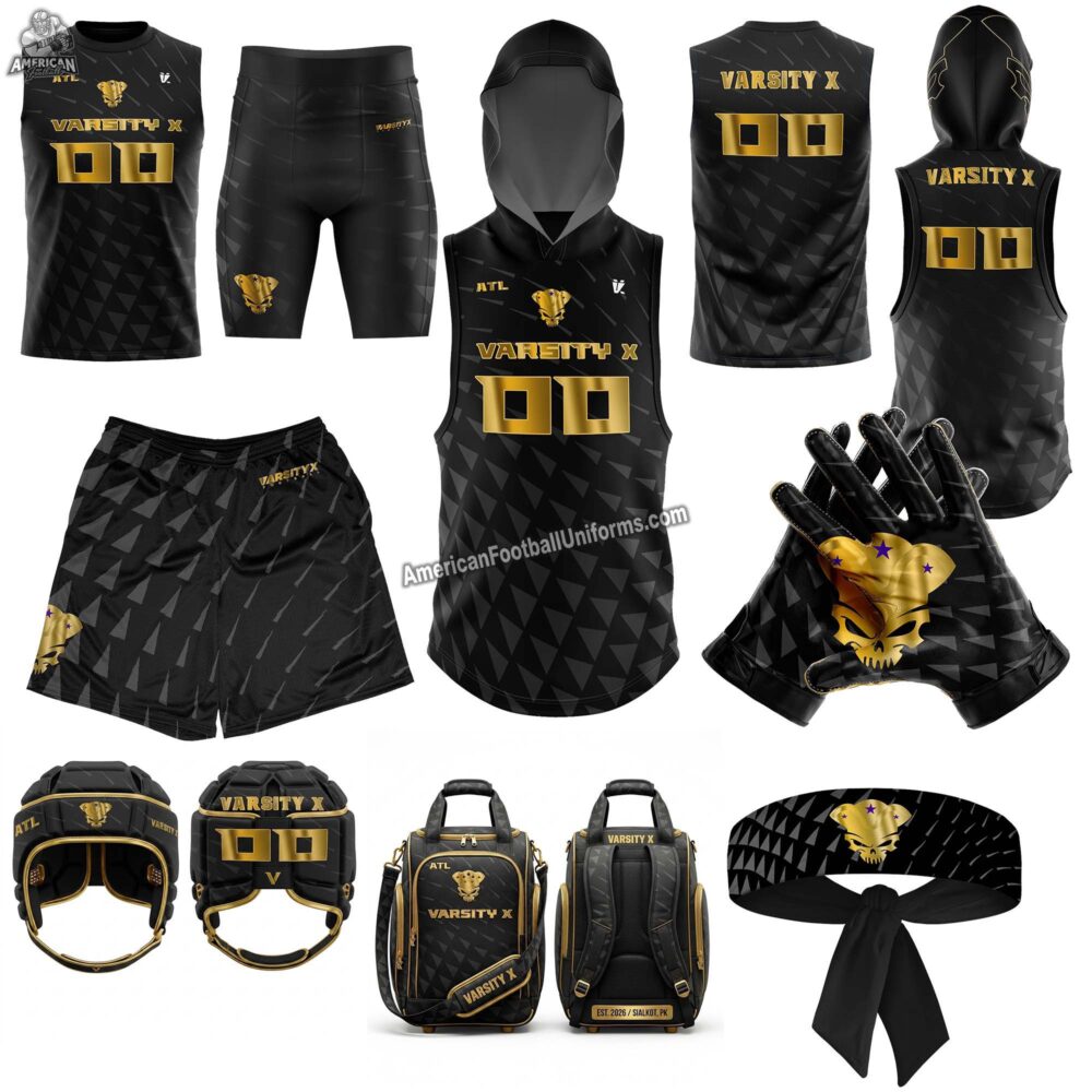 2026 Elite Custom 7v7 Football Uniform Package featuring a hooded compression jersey, matching moisture-wicking shorts, and integrated arm sleeves.