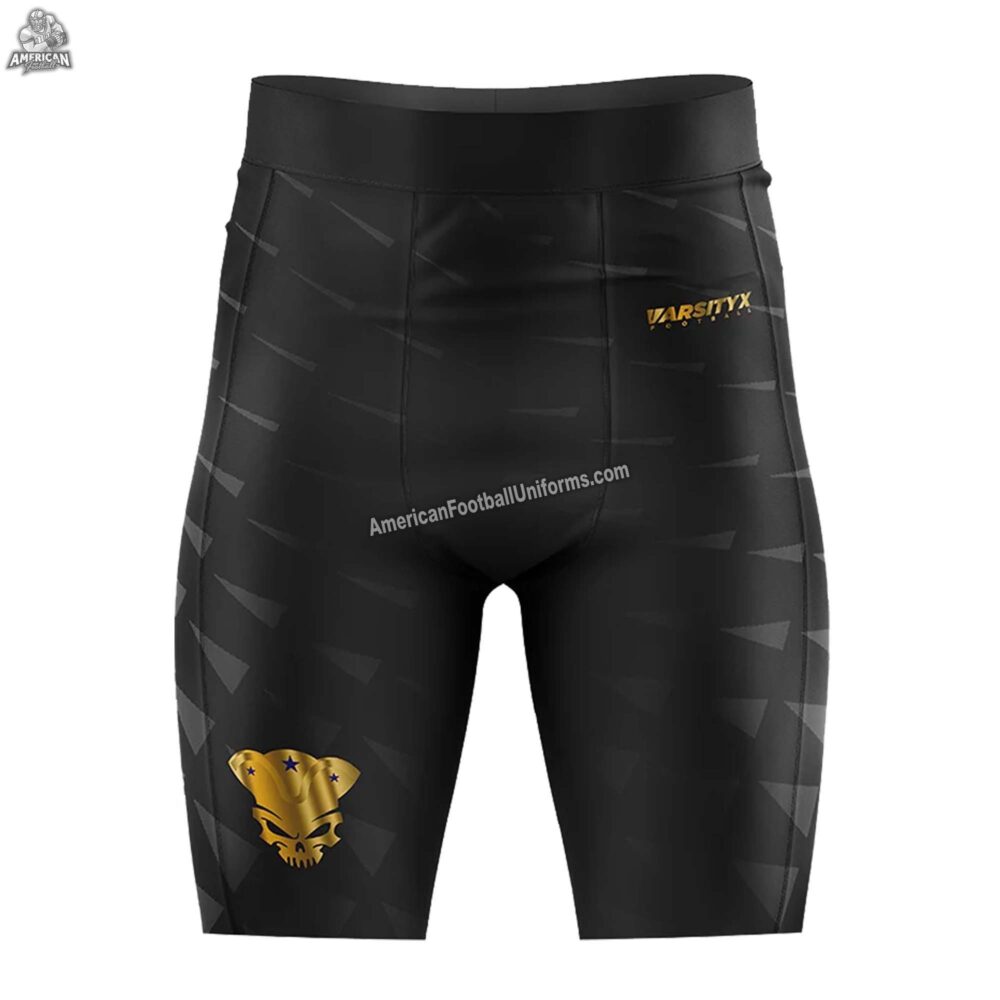Custom 7v7 football compression shorts featuring integrated mobile/mouthguard pockets and reinforced thigh stitching for high-impact agility.