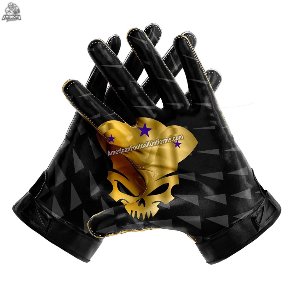 2026 Custom 7v7 football sticky gloves with high-grip silicone palms, breathable back-of-hand mesh, and sublimated team logos.