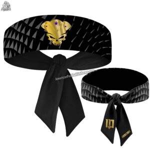 2026 MimiSports custom golden flag football headband with metallic-finish sublimation, moisture-wicking performance fabric, and non-slip silicone grip.