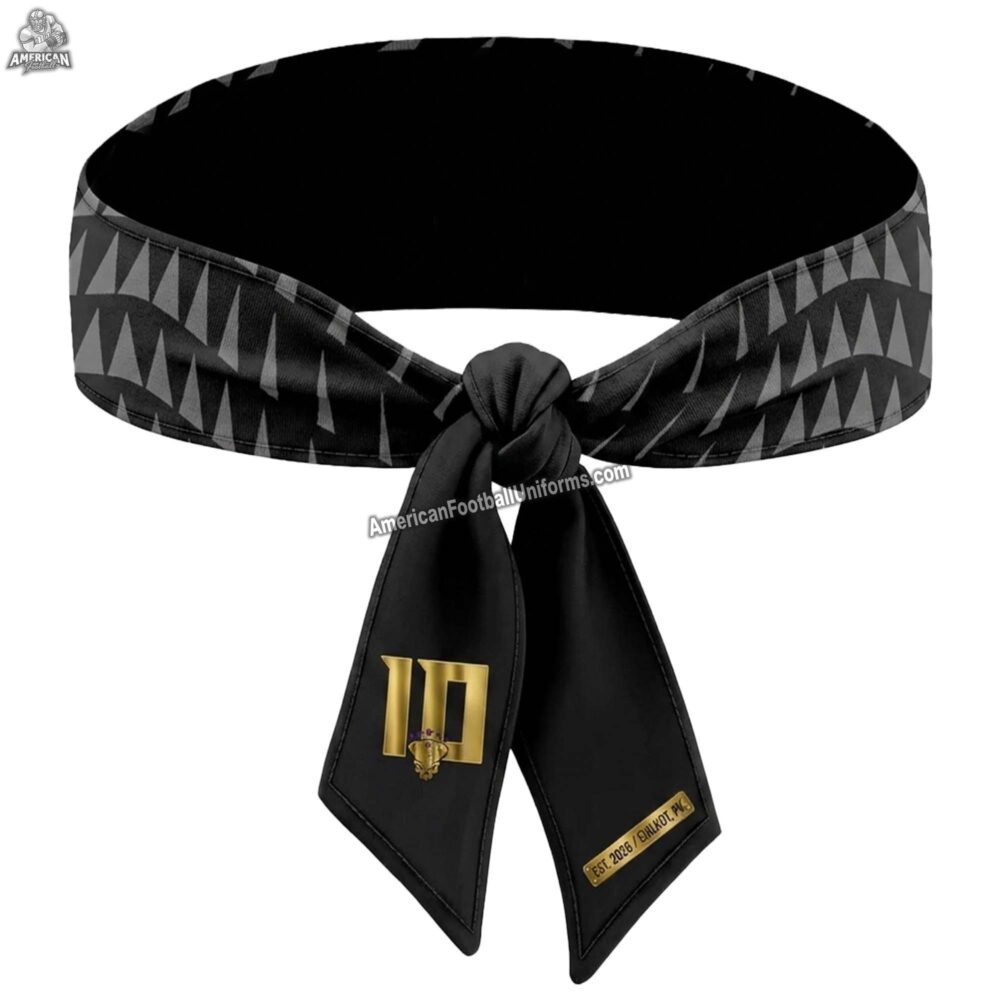 Custom MimiSports 7v7 football headband featuring a "Gold-Wave" digital pattern, tapered athletic fit, and high-definition sublimated team logos.