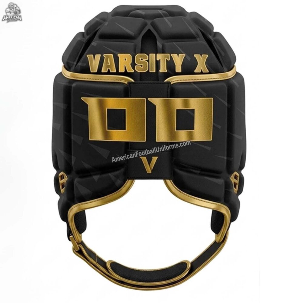 Custom MimiSports lightweight 7v7 football headgear featuring strategic ventilation ports, moisture-wicking liner, and custom digital camo sublimation.