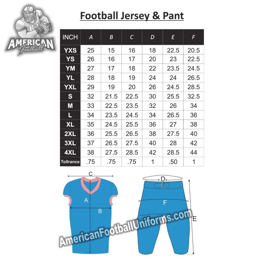 Comprehensive size chart for American Football Uniforms featuring detailed measurements for adult and youth jersey and pants.