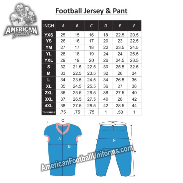 Comprehensive size chart for American Football Uniforms featuring detailed measurements for adult and youth jersey and pants.