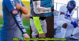Padded American football arm sleeve in black compression fabric with custom sublimated logo and anti-slip silicone grip.