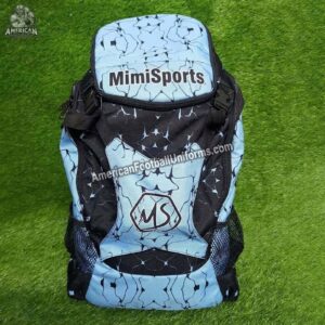Adult custom American football backpack with a dedicated helmet compartment, side cleat pockets, and reinforced mesh straps.