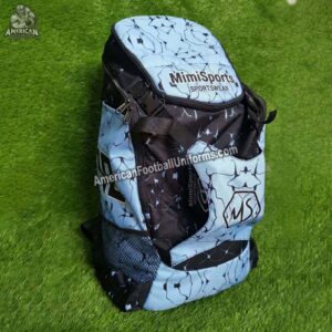 Close-up of a football backpack showcasing high-definition sublimation branding and precision-embroidered team logos on the front.