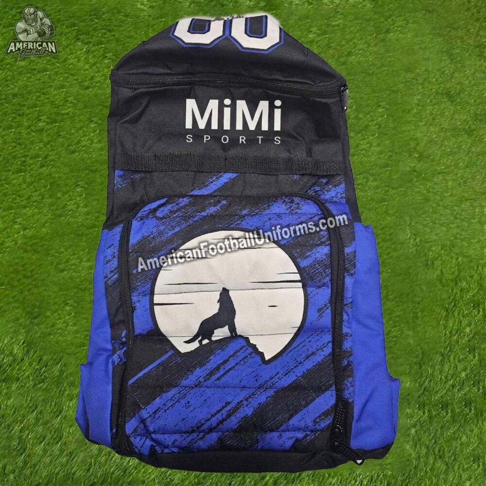 Adult custom American football backpack in royal blue featuring a helmet carrier, side cleat pockets, and reinforced straps.