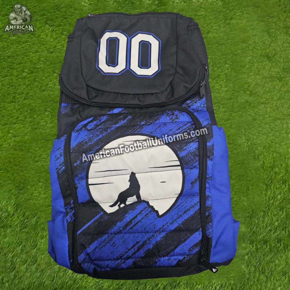Youth size custom football backpack in navy blue featuring an ergonomic design, moisture-resistant lining, and team branding.