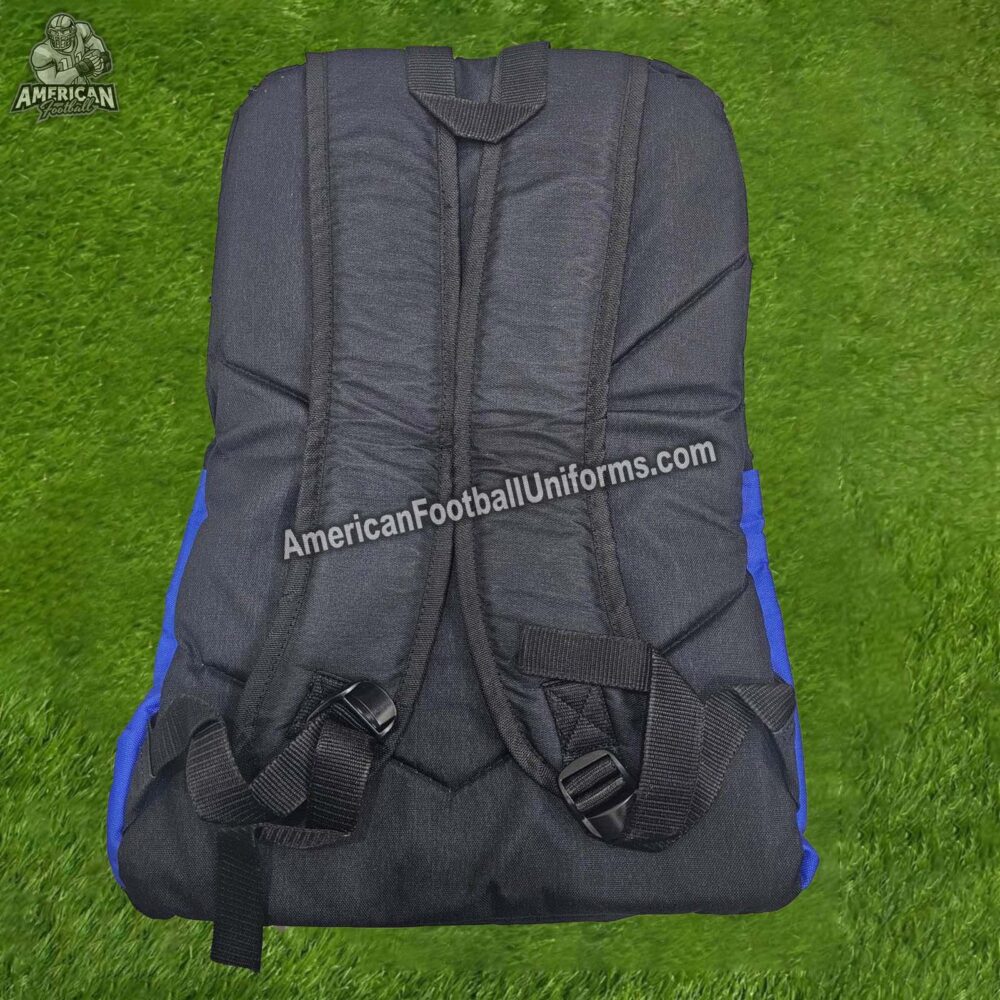Close-up of a blue football backpack showcasing high-definition sublimation branding and precision-embroidered team logos.