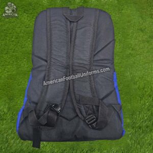 Close-up of a blue football backpack showcasing high-definition sublimation branding and precision-embroidered team logos.