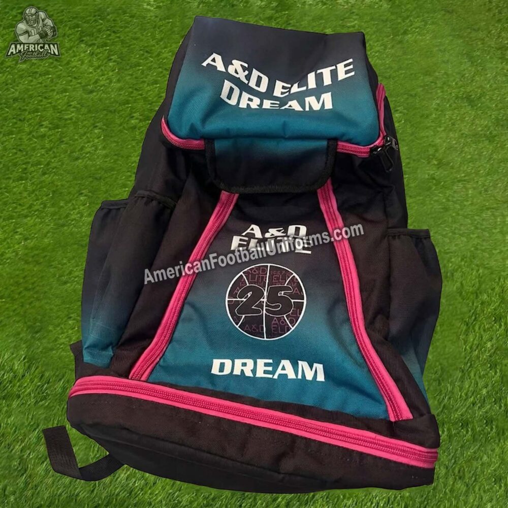 Adult custom Elite Dream football backpack featuring an integrated helmet carrier, cleat pockets, and reinforced padded straps.