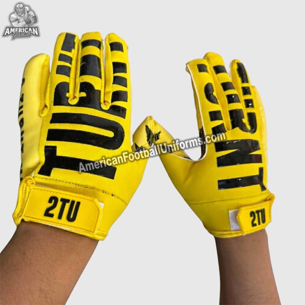 American Football Uniforms custom football gloves featuring high-tack silicone palms and flexible backhand mesh material.