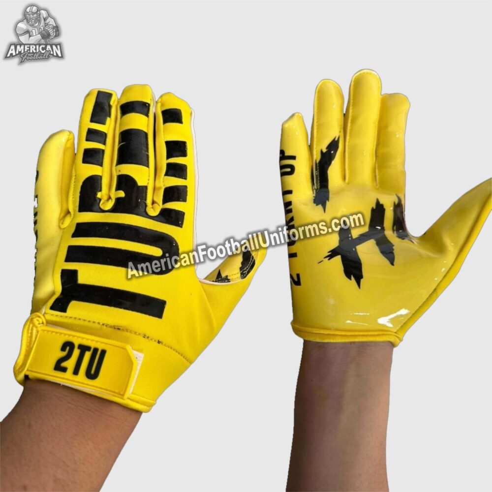 Close-up of American Football Uniforms glove palm showing advanced silicone grip technology and reinforced high-wear zones.