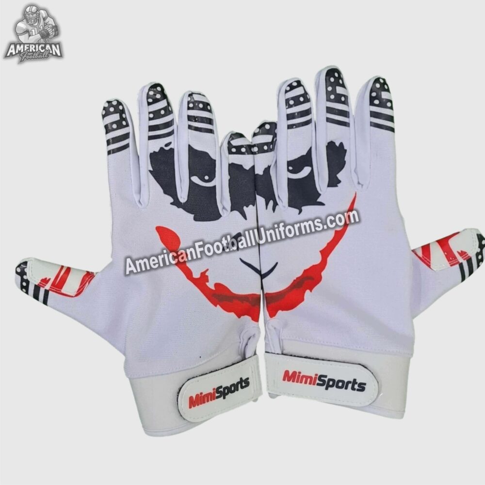 American Football Uniforms custom football gloves featuring high-tack silicone palms and flexible backhand mesh material.