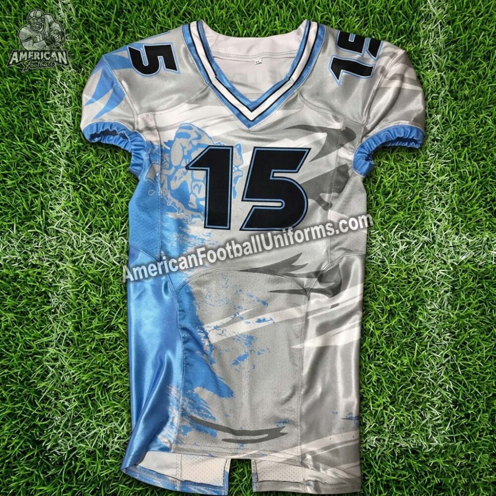 Front view of American Football Uniforms custom jersey featuring moisture-wicking fabric and reinforced pro-collar design.