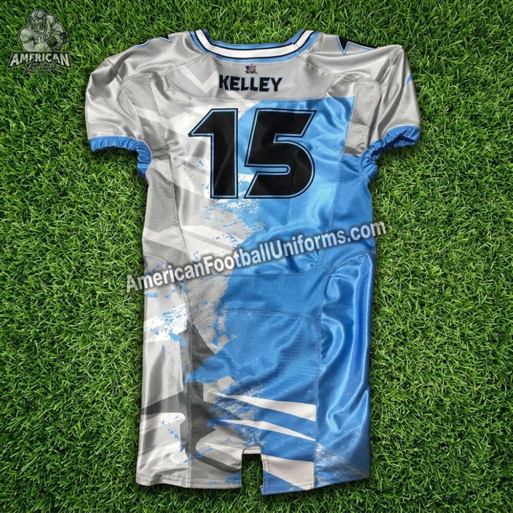 Back view of American Football Uniforms custom football jersey showing high-tension stretch mesh and reinforced seat stitching.