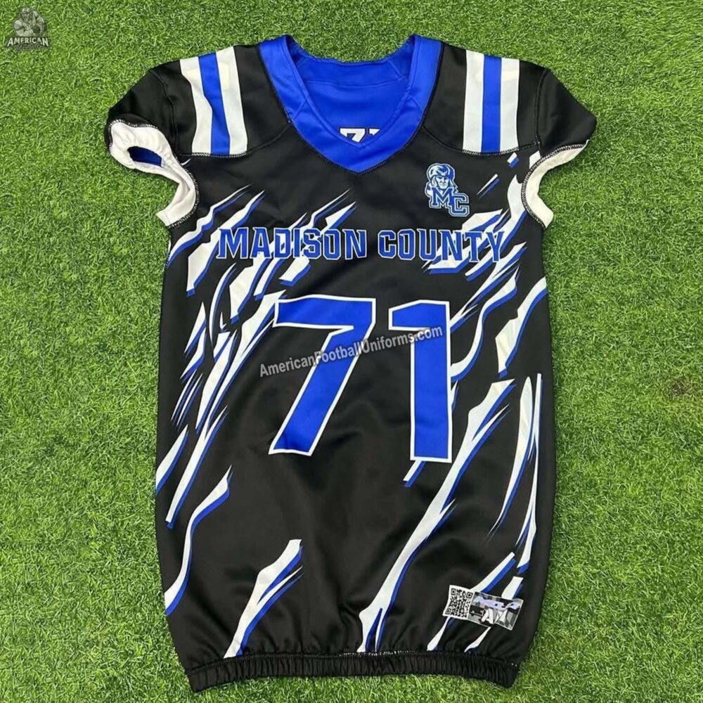 Back view of American Football Uniforms reversible blue football jersey showing reinforced stitching and high-tension stretch mesh.