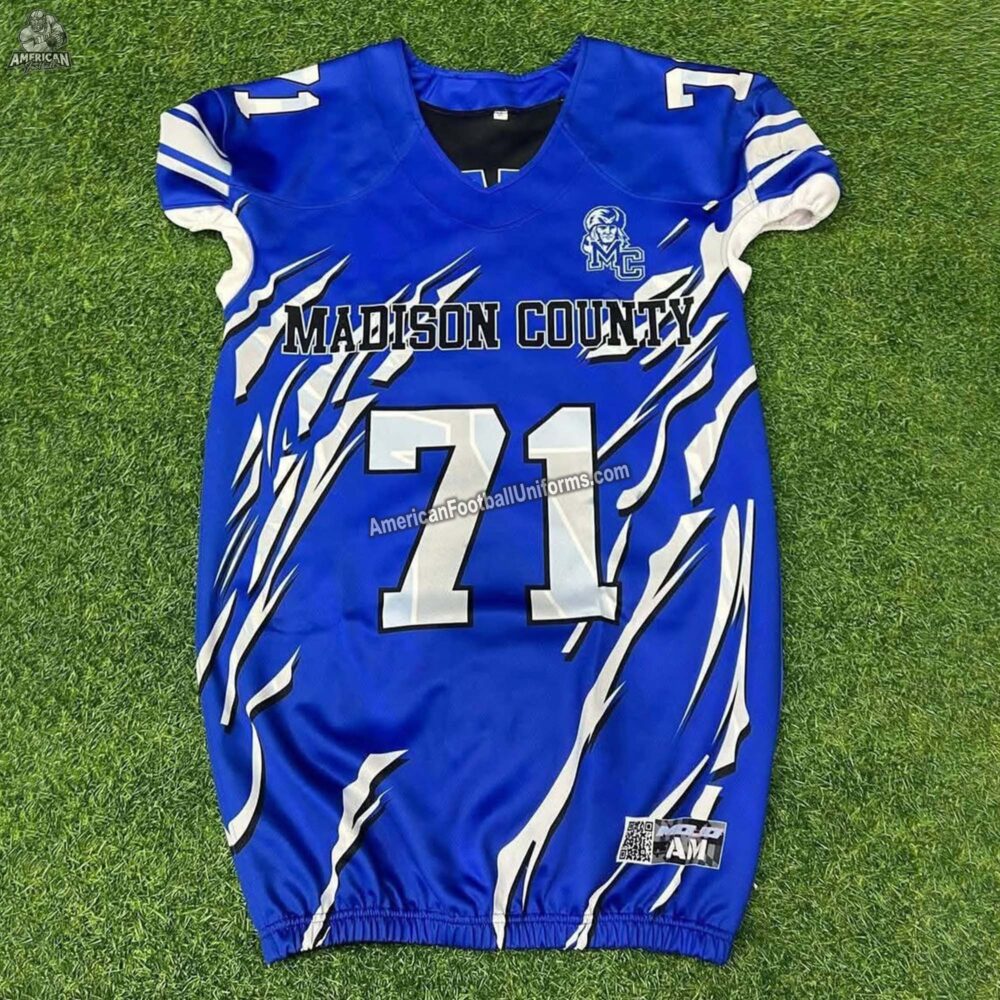 Front view of American Football Uniforms reversible blue custom jersey with moisture-wicking fabric and dual-layer construction.
