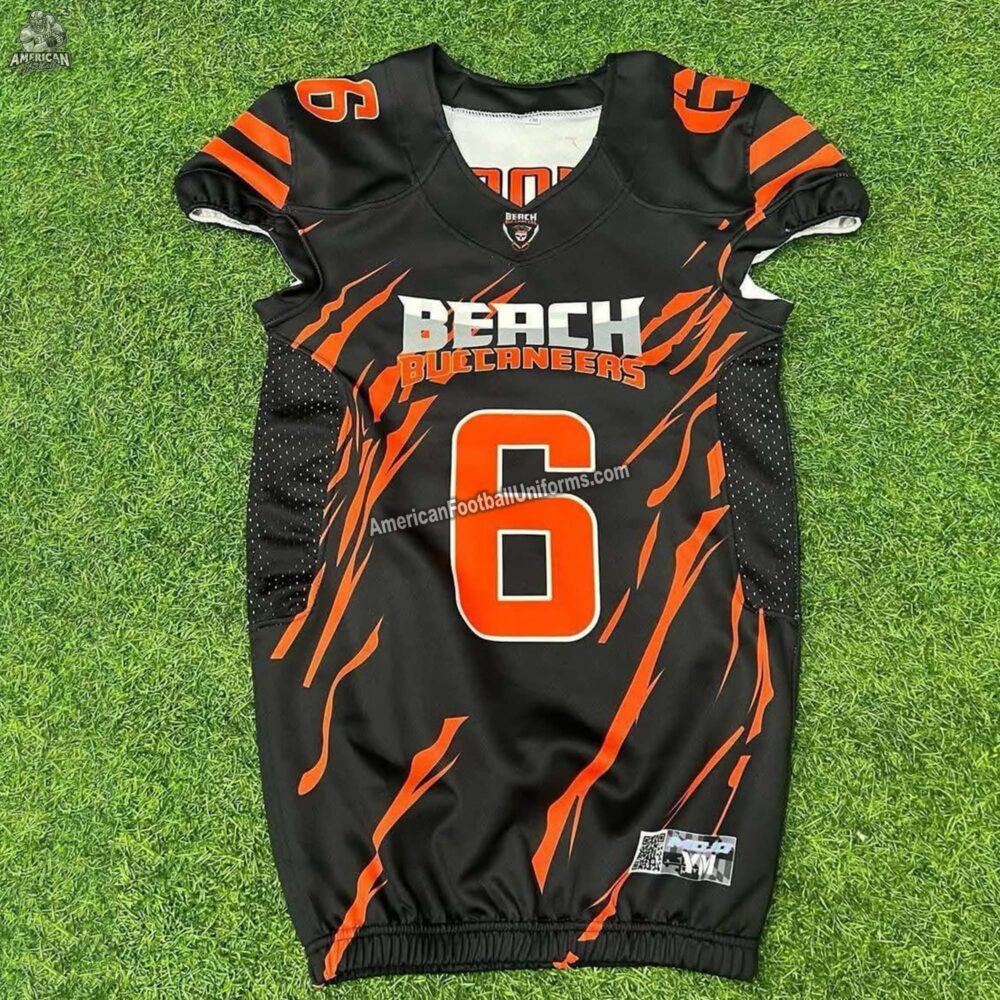 Back view of American Football Uniforms reversible black/white football jersey showing reinforced stitching and high-tension stretch.