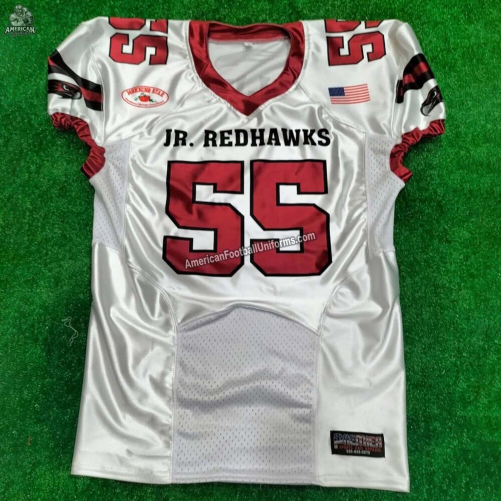Front view of American Football Uniforms Redhawk custom white jersey featuring moisture-wicking fabric and reinforced pro-collar.