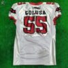Back view of American Football Uniforms Redhawk custom white jersey showing high-tension stretch mesh and reinforced stitching.