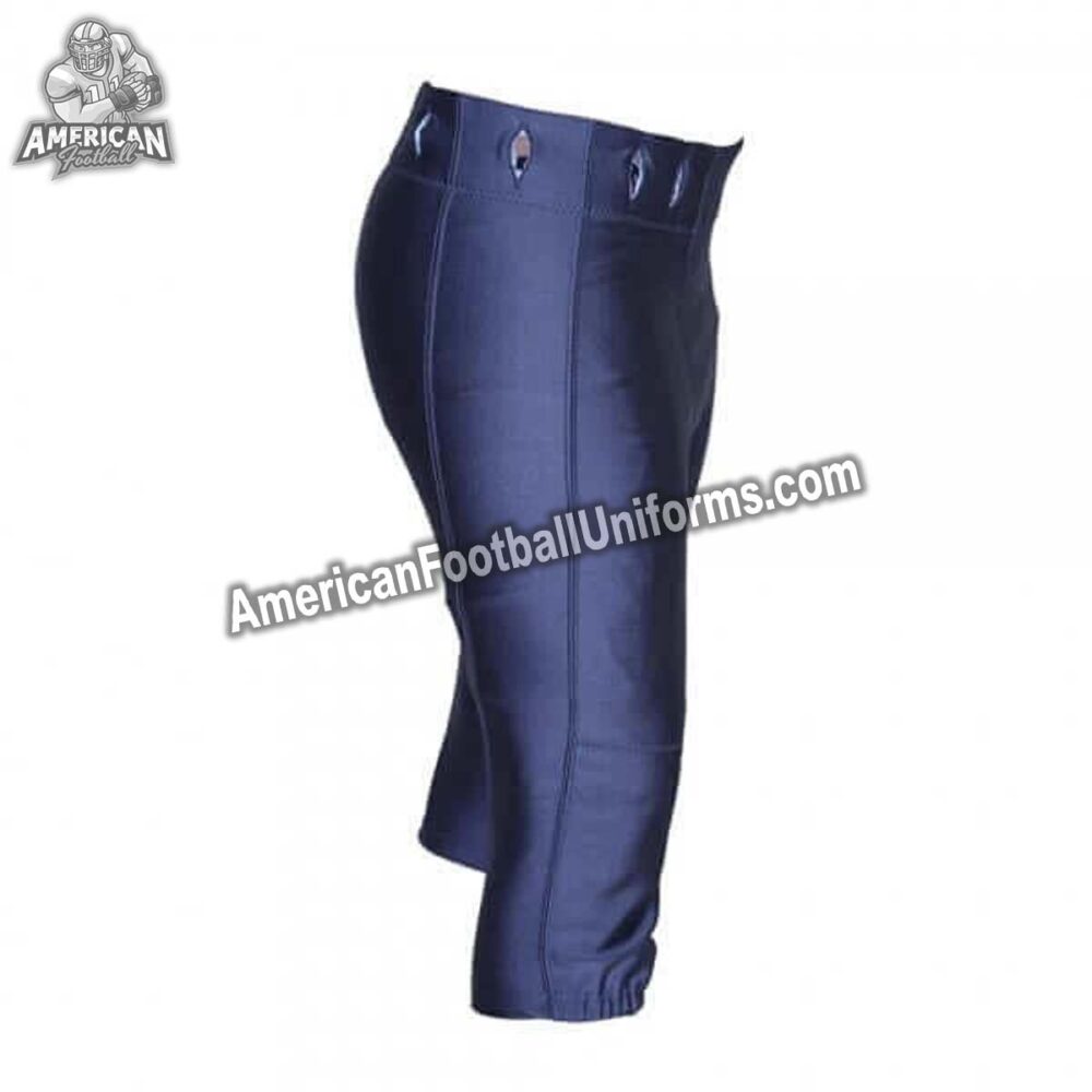 Side profile of American Football Uniforms navy blue pants featuring streamlined ergonomic panels and 4-way stretch zones.