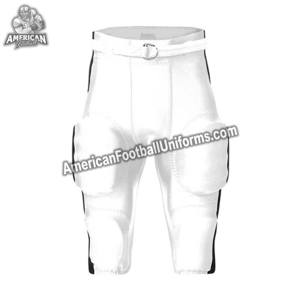 Front view of American Football Uniforms white custom football pants featuring integrated pad pockets and reinforced stitching.