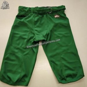 Front view of American Football Uniforms forest green football pants featuring integrated pad pockets and reinforced fly.