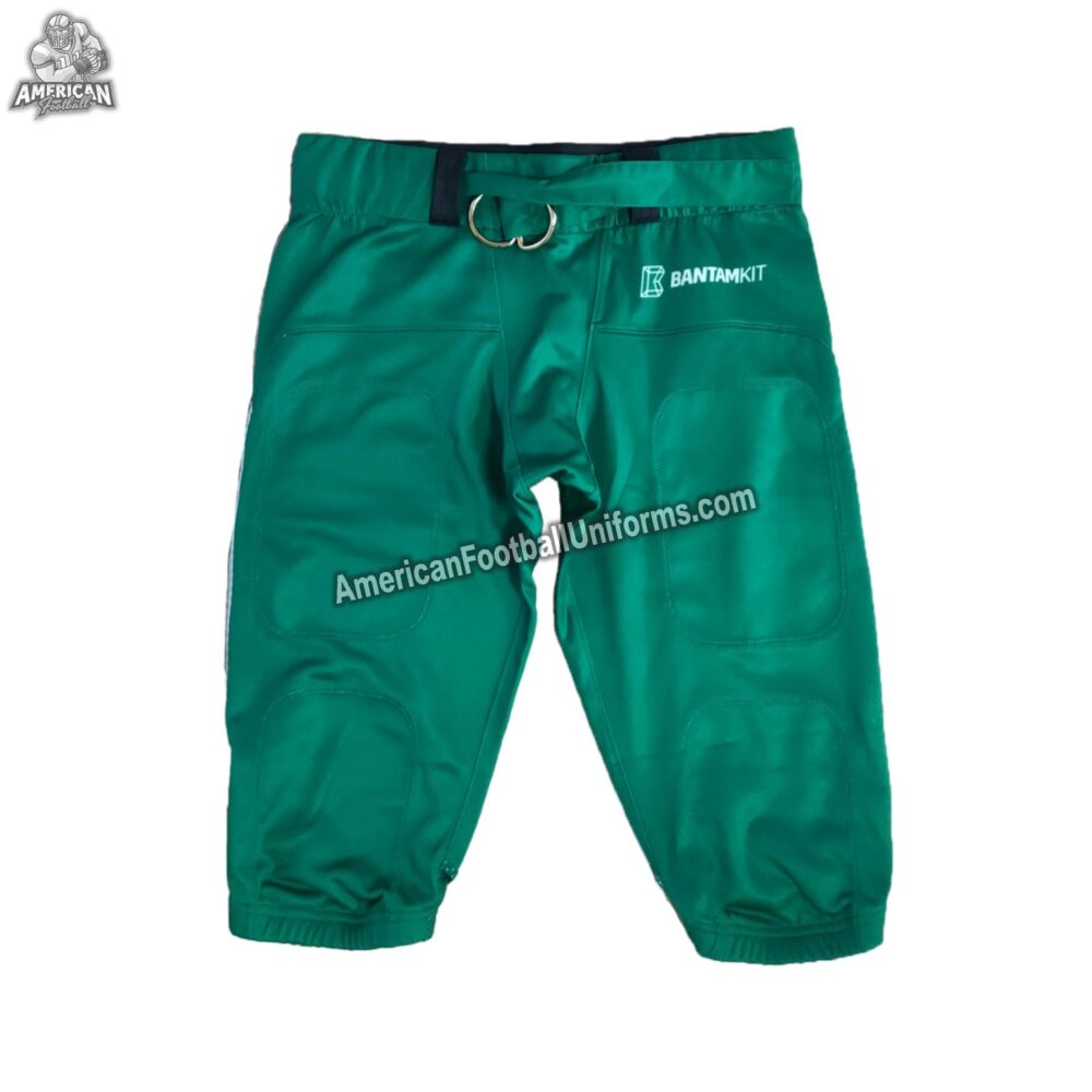 Front view of American Football Uniforms black and jungle green custom pants with integrated pad pockets and reinforced fly.