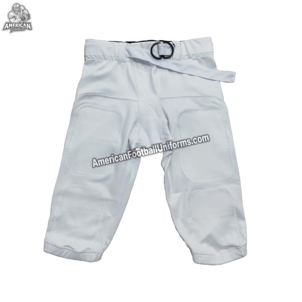 Front view of American Football Uniforms white pants with black side stripes, integrated pad pockets, and reinforced fly.