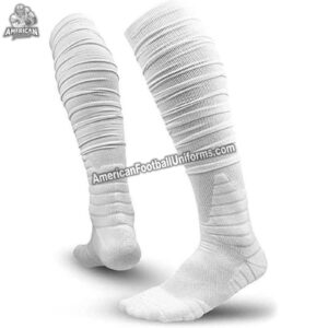 Adult custom American football socks in white and black featuring moisture-wicking compression and reinforced arch support.