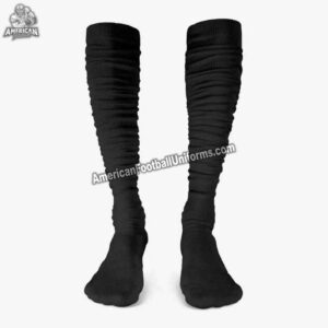 Custom sublimated football socks in white and black featuring sharp team stripes and high-definition logo placement.