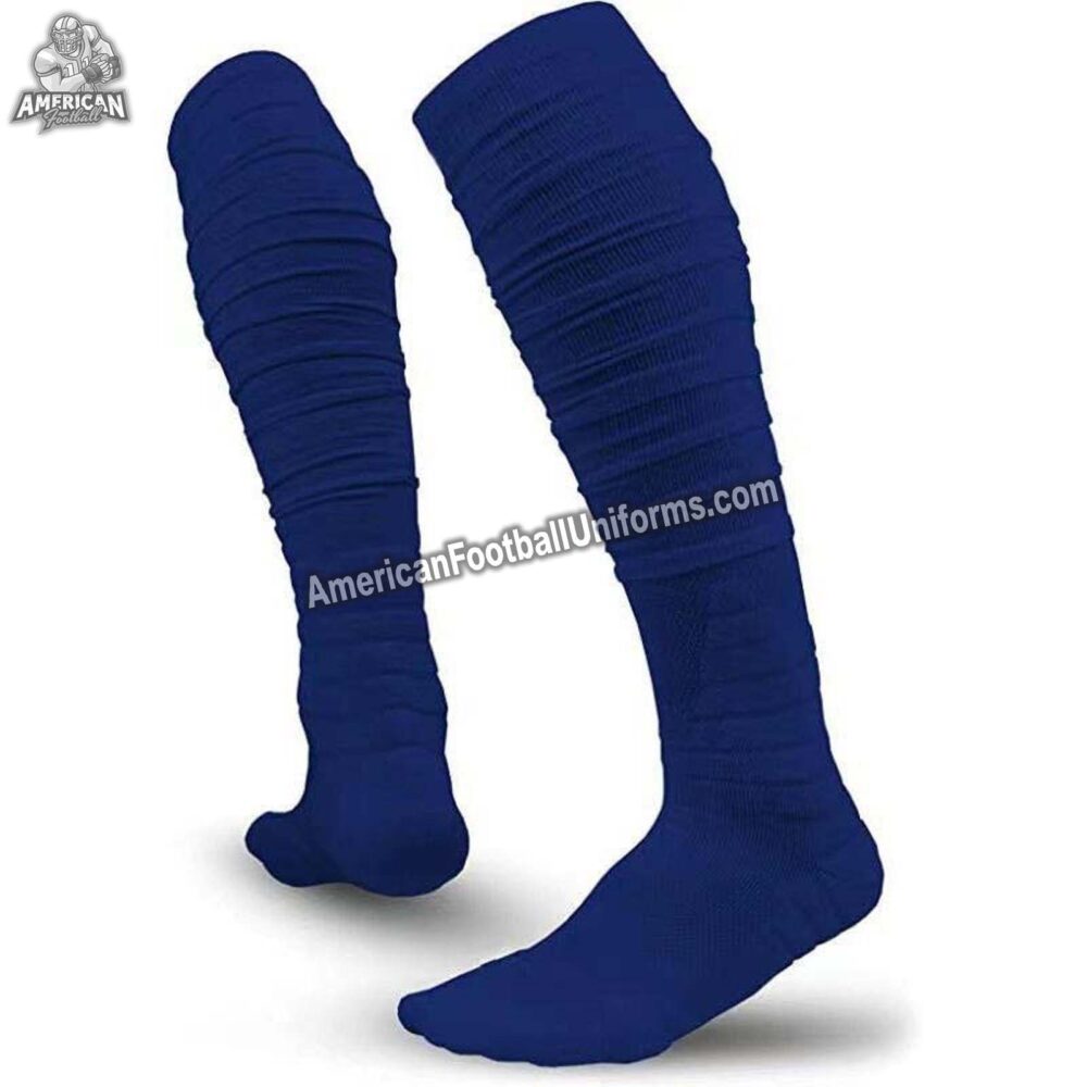 Adult custom American football socks in navy and red featuring moisture-wicking compression and reinforced arch support.