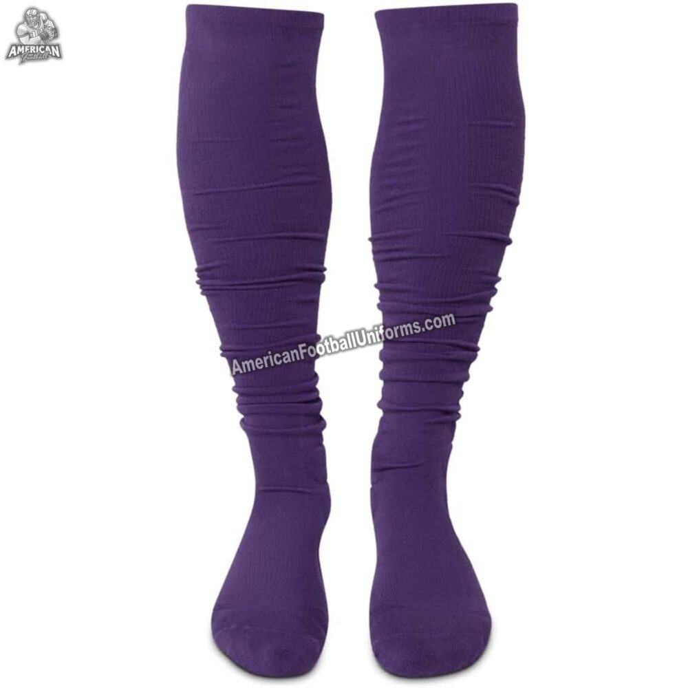 Adult custom American football socks in purple and pink, featuring moisture-wicking compression and reinforced arch support.