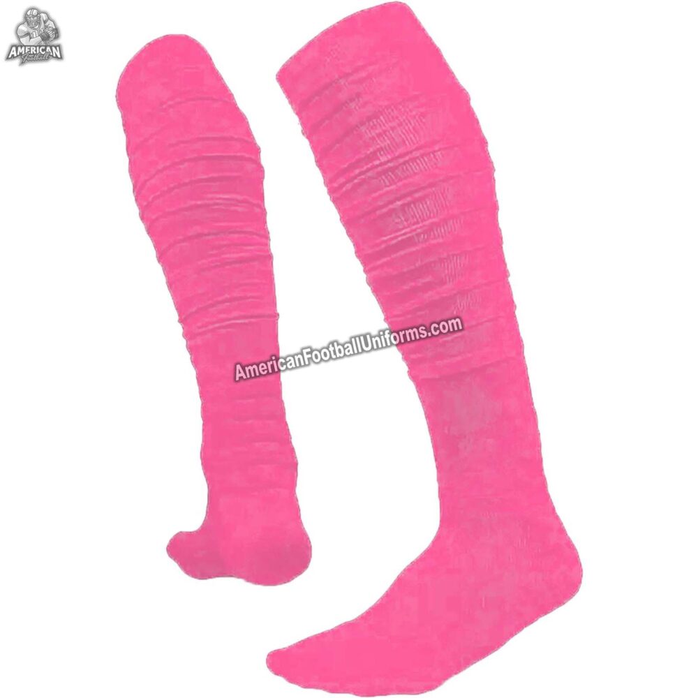 Youth American football socks in purple and pink with targeted cushioning at the heel and toe for high-impact protection.
