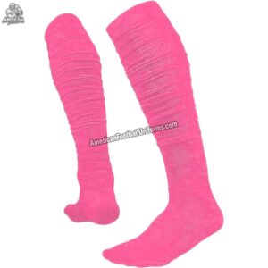 Youth American football socks in purple and pink with targeted cushioning at the heel and toe for high-impact protection.