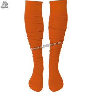 Adult custom American football socks in orange and blue featuring moisture-wicking compression and reinforced arch support.