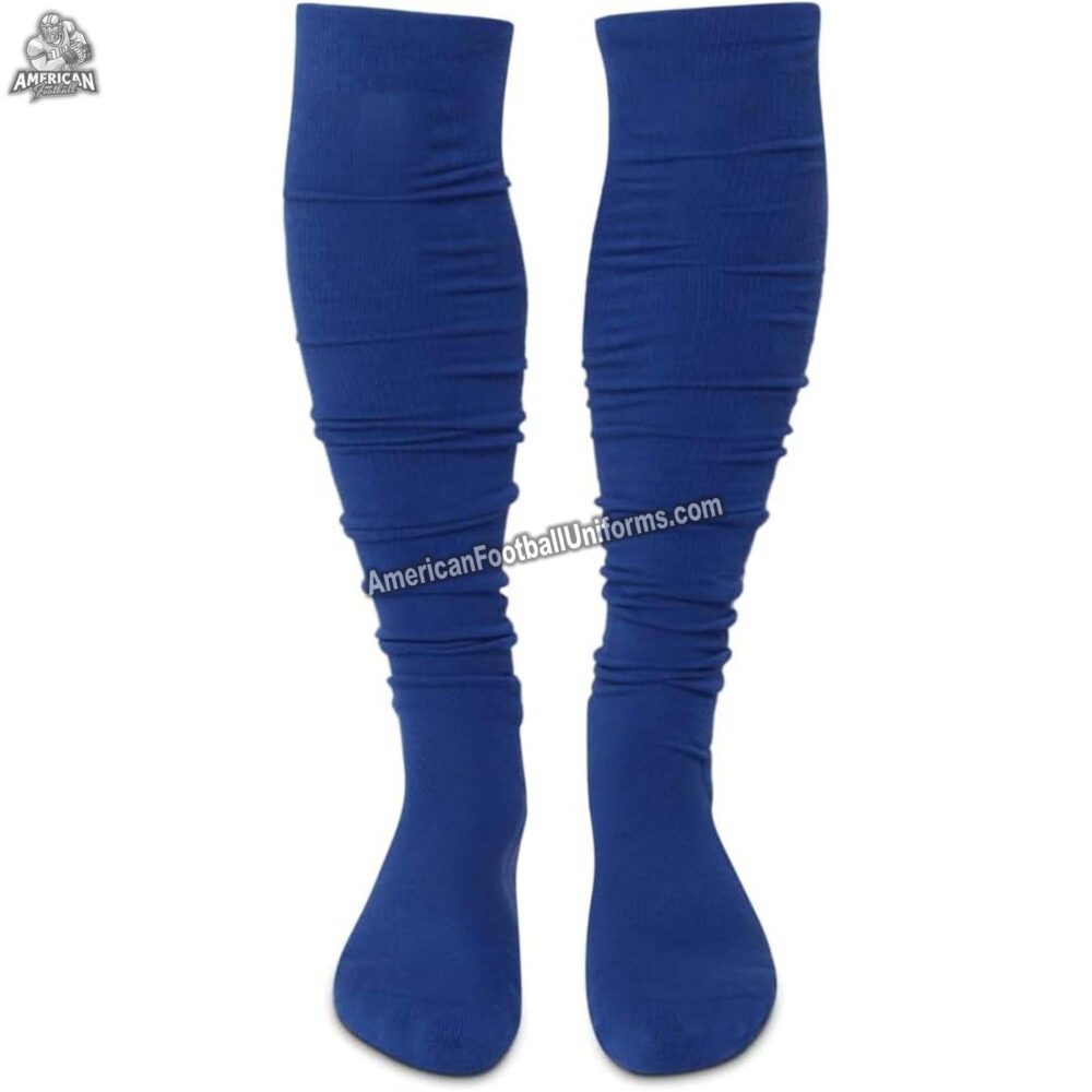 Youth American football socks in orange and blue with targeted cushioning at the heel and toe for high-impact protection.