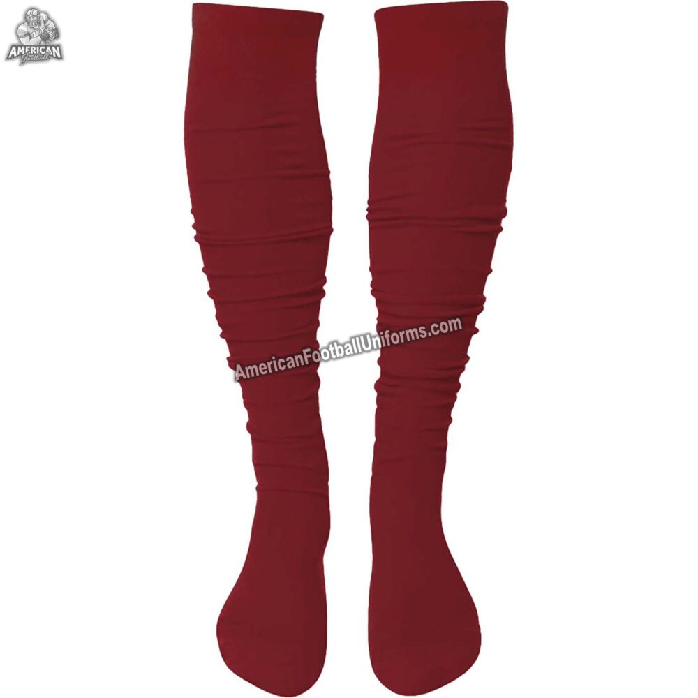 Adult custom American football socks in burgundy and green featuring moisture-wicking compression and reinforced arch support.