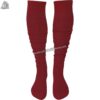 Adult custom American football socks in burgundy and green featuring moisture-wicking compression and reinforced arch support.