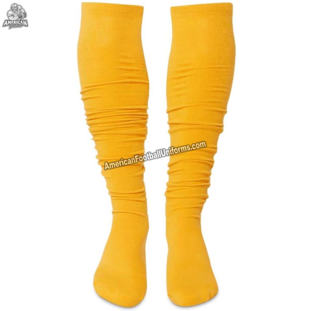 Adult custom American football socks in yellow and royal blue featuring moisture-wicking compression and reinforced arch support.